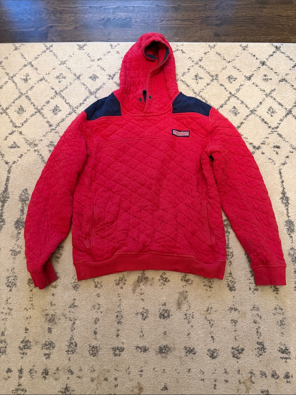 Vineyard Vines Red Quilted Hooded Pullover with Navy Shoulders